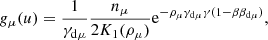 $$ \begin{aligned}&{ g}_\mu (u) = \frac{1}{\gamma _{\rm d\mu }}\frac{n_\mu }{2 K_1(\rho _\mu )} \mathrm{e}^{- \rho _\mu \gamma _{\rm d\mu } \gamma (1 - \beta \beta _{\rm d\mu })}, \end{aligned} $$