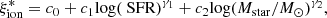 $$ \begin{aligned} \xi _{\rm ion}^* = c_0 + c_1 {\log (\text{ SFR})}^{\gamma _{1}} + c_2 {\log (M_{\rm star}/M_{\odot })}^{\gamma _{2}}, \end{aligned} $$