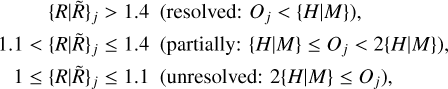 $\matrix{ {\,\,\,\,\,\,\,\,\,\,\,\,\,\,\,{{\left\{ {\left. R \right|\tilde R} \right\}}_j} > 1.4\,\,\,\,\left( {{\rm{resolved:}}\,{O_j} &gt; \left\{ {\left. H \right|M} \right\}} \right),} \hfill \cr {1.1 &gt; {{\left\{ {\left. R \right|\tilde R} \right\}}_j} \le 1.4\,\,\,\left( {{\rm{partially:}}\,\left\{ {\left. H \right|M} \right\} \le {O_j} &gt; 2\left\{ {\left. H \right|M} \right\}} \right),} \hfill \cr {\,\,\,\,\,1 \le {{\left\{ {\left. R \right|\tilde R} \right\}}_j} \le 1.1\,\,\,\left( {{\rm{unresolved: 2}}\left\{ {\left. H \right|M} \right\} \le {O_j}} \right),} \hfill \cr } $
