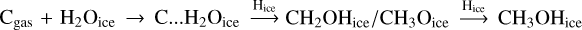 ${{\rm{C}}_{{\rm{gas}}}} + {{\rm{H}}_2}{{\rm{O}}_{{\rm{ice}}}} \to {\rm{C}} \ldots {{\rm{H}}_2}{{\rm{O}}_{{\rm{ice}}}}\buildrel {{{\rm{H}}_{{\rm{ice}}}}} \over \longrightarrow {{{\rm{C}}{{\rm{H}}_2}{\rm{O}}{{\rm{H}}_{{\rm{ice}}}}} \mathord{\left/ {\vphantom {{{\rm{C}}{{\rm{H}}_2}{\rm{O}}{{\rm{H}}_{{\rm{ice}}}}} {{\rm{C}}{{\rm{H}}_3}{{\rm{O}}_{{\rm{ice}}}}}}} \right. \kern-\nulldelimiterspace} {{\rm{C}}{{\rm{H}}_3}{{\rm{O}}_{{\rm{ice}}}}}}\buildrel {{{\rm{H}}_{{\rm{ice}}}}} \over \longrightarrow {\rm{C}}{{\rm{H}}_3}{\rm{O}}{{\rm{H}}_{{\rm{ice}}}}$