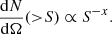$$ \begin{aligned} \frac{\mathrm{d}N}{\mathrm{d}\Omega } ({>}S) \propto S^{-x}. \end{aligned} $$