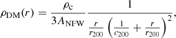 $$ \begin{aligned} \rho _{\rm DM}(r) = \frac{\rho _{\rm c}}{3A_{\rm NFW}}\frac{1}{\frac{r}{r_{200}}\left(\frac{1}{c_{200}}+\frac{r}{r_{200}}\right)^2}, \end{aligned} $$