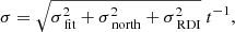 $$ \begin{aligned} \sigma =\sqrt{\sigma ^{2}_{\text{ fit} } +\sigma ^{2}_{\text{ north} } +\sigma ^{2}_{\text{ RDI} } } \ t^{-1}, \end{aligned} $$