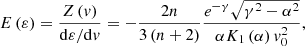 $$ \begin{aligned} E\left(\varepsilon \right)=\frac{Z\left(v\right)}{{\mathrm{d}\varepsilon /\mathrm{d}v} } =-\frac{2n}{3\left(n+2\right)} \frac{e^{-\gamma } \sqrt{\gamma ^{2} -\alpha ^{2} } }{\alpha K_{1} \left(\alpha \right){v}_{0}^{2} } , \end{aligned} $$