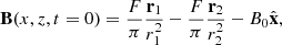 $$ \begin{aligned} \mathbf{B}(x,z,t=0) = \frac{F}{\pi } \frac{\mathbf{r}_1}{r_1^2} - \frac{F}{\pi } \frac{\mathbf{r}_2}{r_2^2} - B_0 \hat{\mathbf{x}} , \end{aligned} $$