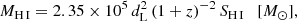 $$ \begin{aligned} M_{\mathrm{H}\,{\small {\text{I}}} } = 2.35 \times 10^5\,d_{\rm L}^2\,(1 + z)^{-2}\,S_{\mathrm{H}\,{\small {\text{I}}} } \quad {[M_\odot ]} ,\end{aligned} $$