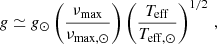 $$ \begin{aligned} g \simeq g_\odot \left( \frac{\nu _{\rm max}}{\nu _{\rm max,\odot }} \right) \left( \frac{T_{\rm eff}}{T_{\rm eff,\odot }} \right)^{1/2} \, , \end{aligned} $$