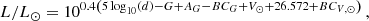 $$ \begin{aligned} L/L_{\odot } = 10^{0.4\left(5\log _{10}(d) - G + A_G - BC_G + V_{\odot } + 26.572 + BC_{V, \odot }\right)}\, , \end{aligned} $$