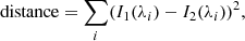 $$ \begin{aligned} \mathrm{distance} = \sum _i (I_1(\lambda _i) - I_2(\lambda _i))^2, \end{aligned} $$