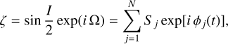 $\zeta = {\rm{sin}}{I \over 2}\exp \left( {i\,{\rm{\Omega }}} \right) = \sum\limits_{j = 1}^N {{S_{\,j}}\,\exp \left[ {i\,{\phi _{\,j}}\left( t \right)} \right]} ,$