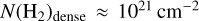 $N{\left( {{{\rm{H}}_2}} \right)_{{\rm{dense}}}} \approx {10^{21}}\,{\rm{c}}{{\rm{m}}^{ - 2}}$