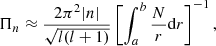 $$ \begin{aligned} \Pi _n \approx \frac{2 \pi ^2 |n|}{\sqrt{l(l+1)}} \left[\int _a^b\frac{N}{r}\mathrm{d}r\right]^{-1}, \end{aligned} $$
