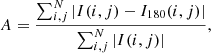 $$ \begin{aligned} A = \frac{\sum _{i,j}^{N}|{I(i,j) - I_{180}(i,j)}|}{\sum _{i,j}^{N}|{I(i,j)}|} ,\end{aligned} $$