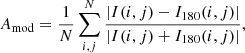 $$ \begin{aligned} A_{\rm mod} = \frac{1}{N}\sum _{i,j}^{N} \frac{|{I(i,j) - I_{180}(i,j)}|}{|{I(i,j) + I_{180}(i,j)}|} ,\end{aligned} $$