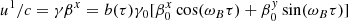 $$ \begin{aligned}&u^1 / c =\gamma \beta ^x =b(\tau ) \gamma _0 [\beta _0^x \cos (\omega _B \tau ) + \beta _0^{ y} \sin (\omega _B \tau )] \end{aligned} $$