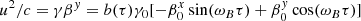 $$ \begin{aligned}&u^2 / c =\gamma \beta ^{ y} =b(\tau ) \gamma _0 [-\beta _0^x \sin (\omega _B \tau ) + \beta _0^{ y} \cos (\omega _B \tau )] \end{aligned} $$