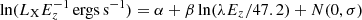$ \ln(L_{\mathrm{X}} E^{-1}_{z}\,\mathrm{ergs\,s^{-1}}) = \alpha + \beta \ln(\lambda E_z/47.2) + N(0,\sigma) $
