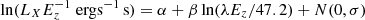 $ \ln(L_{X} E^{-1}_z\; {\rm ergs^{-1}\,s})=\alpha + \beta \ln(\lambda E_z / 47.2)+N(0,\sigma) $