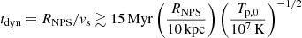 $ t_{\mathrm{dyn}}\equiv R_{\mathrm{NPS}}/{v}_{\mathrm{s}} \gtrsim 15\,\mathrm{Myr} \left(\frac{R_{\mathrm{NPS}}}{10\,\mathrm{kpc}}\right) \left(\frac{T_{\mathrm{p,0}}}{10^7\,\mathrm{K}}\right)^{-1/2} $