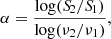 $$ \begin{aligned} \alpha = \frac{\log ({S\!}_2/{S\!}_1)}{\log (\nu _2/\nu _1)}, \end{aligned} $$