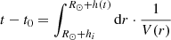 $$ \begin{aligned} t-t_{0} = \int _{R_{\odot }+h_{i}}^{R_{\odot }+h(t)} \mathrm{d}r \cdot \frac{1}{V(r)} \end{aligned} $$