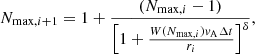 $$ \begin{aligned} N_{\mathrm{max},i+1} = 1 + \frac{(N_{\mathrm{max},i}-1)}{\left[1 + \frac{W(N_{\mathrm{max},i})v_{\rm A}\Delta t}{r_{i}} \right]^{\delta }} ,\end{aligned} $$