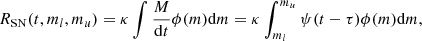 $$ \begin{aligned} R_{\mathrm{SN} }(t,m_l,m_u)=\kappa \int \dfrac{M}{\mathrm{d}t}\phi (m)\mathrm{d}m=\kappa \int _{m_l}^{m_u}\psi (t-\tau )\phi (m)\mathrm{d}m, \end{aligned} $$