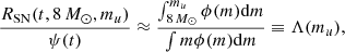 $$ \begin{aligned} \dfrac{R_{\mathrm{SN} }(t,8\,M_{\odot },m_u)}{\psi (t)}\approx \dfrac{\int _{8\,M_{\odot }}^{m_u} \phi (m)\mathrm{d}m}{\int m\phi (m)\mathrm{d}m}\equiv \Lambda (m_u),\quad \end{aligned} $$