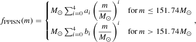 $$ \begin{aligned} f_{\mathrm{PPISN} }(m)=\left\{ \begin{matrix}M_{\odot }\sum _{i=0}^4a_i \left(\dfrac{m}{M_{\odot }}\right)^i&\mathrm{for} \,m\le 151.74M_{\odot }\\ M_{\odot }\sum _{i=0}^4b_i\left(\dfrac{m}{M_{\odot }}\right)^i&\mathrm{for} \,m>151.74M_{\odot }\end{matrix}\right., \end{aligned} $$