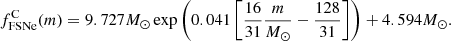 $$ \begin{aligned} f_{\mathrm{FSNe} }^{\mathrm{C} }(m)=9.727M_{\odot }\exp \left(0.041 \left[\dfrac{16}{31}\dfrac{m}{M_{\odot }}-\dfrac{128}{31}\right]\right)+4.594M_{\odot }. \end{aligned} $$