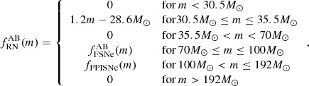 $$ \begin{aligned} f_{\mathrm{RN} }^{\mathrm{AB} }(m)=\left\{ \begin{array}{cl} 0&\mathrm{for} \,m<30.5M_{\odot }\\ 1.2m-28.6M_{\odot }&\mathrm{for } 30.5M_{\odot }\le m\le 35.5M_{\odot }\\ 0&\mathrm{for} \,35.5M_{\odot }<m<70M_{\odot }\\ f_{\mathrm{FSNe} }^{\mathrm{AB} }(m)&\mathrm{for} \,70M_{\odot }\le m\le 100M_{\odot }\\ f_{\mathrm{PPISNe} }(m)&\mathrm{for} \,100M_{\odot } < m\le 192M_{\odot }\\ 0&\mathrm{for} \,m>192M_{\odot } \end{array}\right., \end{aligned} $$