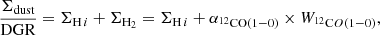 $$ \begin{aligned} \frac{\Sigma _{\rm dust}}{\mathrm{DGR}}=\Sigma _{\mathrm{H}\,i } + \Sigma _{\mathrm{H}_2} = \Sigma _{\mathrm{H}\,i } + \alpha _{^{12}\mathrm{CO}(1{-}0)}\times W_{^{12}\mathrm CO(1{-}0)}, \end{aligned} $$