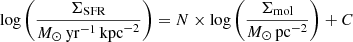 $$ \begin{aligned} \log \left(\frac{\Sigma _{\rm SFR}}{M_\odot \,\mathrm {yr}^{-1}\,\mathrm {kpc}^{-2}}\right) = N\times \log \left(\frac{\Sigma _{\rm mol}}{M_\odot \,\mathrm {pc}^{-2}}\right)+C \end{aligned} $$