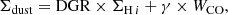 $$ \begin{aligned} \Sigma _{\rm dust} = \mathrm{DGR}\times \Sigma _{\mathrm{H}\,i } + \gamma \times W_{\rm CO}, \end{aligned} $$