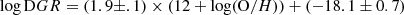 $$ \begin{aligned} \log \mathrm DGR = (1.9\pm .1)\times (12+\log (\mathrm O/H)) + (-18.1\pm 0.7) \end{aligned} $$