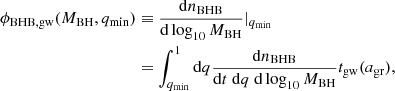 $$ \begin{aligned} \phi _{\rm BHB, gw} (M_{\rm BH}, q_{\rm min})&\equiv \frac{\mathrm{d}n_{\rm BHB}}{\mathrm{d} \log _{10} M_{\rm BH}} |_{q_{\rm min}} \nonumber \\&= \int _{q_{\rm min}}^{1} \mathrm{d}q \frac{\mathrm{d} n_{\rm BHB}}{\mathrm{d}t \ \mathrm{d}q \ \mathrm{d} \log _{10} M_{\rm BH}} t_{\rm gw} (a_{\rm gr}) ,\end{aligned} $$