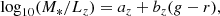 $$ \begin{aligned} \log _{10} (M_*/L_z) = a_z + b_z (g-r), \end{aligned} $$