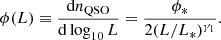 $$ \begin{aligned} \phi (L) \equiv \frac{\mathrm{d}n_{\rm QSO}}{\mathrm{d} \log _{10} L} = \frac{\phi _*}{2(L/L_*)^{\gamma _1}} .\end{aligned} $$