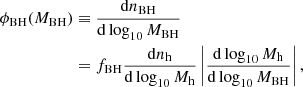 $$ \begin{aligned} \phi _{\rm BH} (M_{\rm BH})&\equiv \frac{\mathrm{d} n_{\rm BH}}{\mathrm{d} \log _{10} M_{\rm BH}} \nonumber \\&= f_{\rm BH} \frac{\mathrm{d} n_{\rm h}}{\mathrm{d} \log _{10} M_{\rm h}} \left|\frac{\mathrm{d} \log _{10} M_{\rm h}}{\mathrm{d} \log _{10} M_{\rm BH}}\right| ,\end{aligned} $$