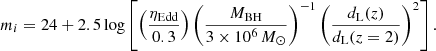 $$ \begin{aligned} m_i = 24 + 2.5 \log \left[\left(\frac{\eta _{\rm Edd}}{0.3}\right) \left(\frac{M_{\rm BH}}{3 \times 10^6\,M_{\odot }}\right)^{-1} \left(\frac{d_{\rm L}(z)}{d_{\rm L}(z = 2)}\right)^2\right] .\end{aligned} $$