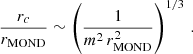 $$ \begin{aligned} \frac{r_{c}}{r_{\mathrm{MOND} }} \sim \left(\frac{1}{m^2 \, r_{\mathrm{MOND} }^2}\right)^{1/3} \,. \end{aligned} $$