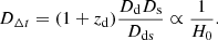 $$ \begin{aligned} D_{\Delta t} = (1 + z_{\mathrm{d}})\frac{D_{\mathrm{d}} D_{\mathrm{s}}}{D_{\mathrm{ds}}} \propto \frac{1}{H_0}. \end{aligned} $$