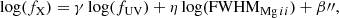 $$ \begin{aligned} \log (f_{\rm X})=\gamma \log (f_{\rm UV}) + \eta \log (\mathrm{FWHM}_{\mathrm{Mg}\,ii })+ \beta {\prime \prime }, \end{aligned} $$