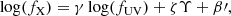 $$ \begin{aligned} \log (f_{\rm X})=\gamma \log (f_{\rm UV}) + \zeta \Upsilon + \beta \prime , \end{aligned} $$