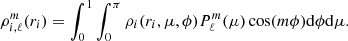 $$ \begin{aligned} \rho _{i, \ell }^m(r_i)=\int _0^1\int _0^\pi \rho _i(r_i,\mu , \phi ) P_{\ell }^m (\mu ) \cos (m\phi ) \mathrm{d} \phi \mathrm{d} \mu . \end{aligned} $$