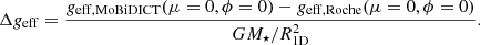 $$ \begin{aligned} \Delta g_{\mathrm{eff}}=\frac{g_{\mathrm{eff, MoBiDICT}}(\mu =0, \phi =0)-g_{\mathrm{eff, Roche}}(\mu =0, \phi =0)}{GM_\star /R_{\mathrm{1D}}^2}. \end{aligned} $$