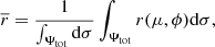 $$ \begin{aligned} \overline{r}=\frac{1}{\int _{\Psi _{\mathrm{tot}}} \mathrm{d} \sigma } \int _{\Psi _{\mathrm{tot}}} r(\mu ,\phi ) \mathrm{d} \sigma , \end{aligned} $$