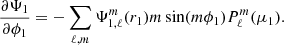 $$ \begin{aligned} \frac{\partial \Psi _1}{\partial \phi _1}=-\sum _{\ell , m} \Psi _{1, \ell }^m(r_1) m\sin (m\phi _1) P_{\ell }^m (\mu _1). \end{aligned} $$