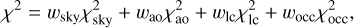 $ {\chi ^2} = {\omega _{{\rm{sky}}}}\chi _{{\rm{sky}}}^2 + {\omega _{{\rm{ao}}}}\chi _{{\rm{ao}}}^2 + {\omega _{{\rm{lc}}}}\chi _{{\rm{lc}}}^2 + {\omega _{{\rm{occ}}}}\chi _{{\rm{occ}}}^2, $