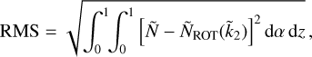 ${\rm{RMS}}\,{\rm{ = }}\,\sqrt {\int_0^1 {\int_0^1 {{{\left[ {\tilde N - {{\tilde N}_{{\rm{ROT}}}}\left( {{{\tilde k}_2}} \right)} \right]}^2}\,{\rm{d}}\alpha \,{\rm{d}}z} } } ,$